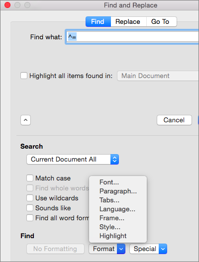 find and replace in microsoft word for mac